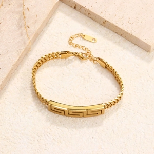 Golden stainless steel wheat chain bracelet with Greek Meander pattern on stone base