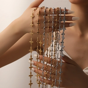 Elegant stainless steel beaded cross pendant necklaces in gold and silver finishes