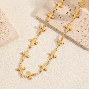 Vintage beaded cross pendant necklace in gold finish with elegant multi-cross chain design
