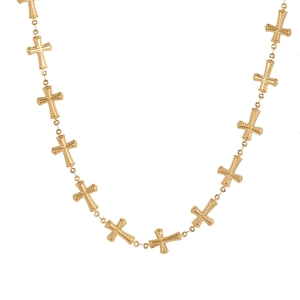 Polished gold stainless steel necklace featuring multiple beaded cross pendants