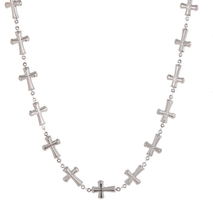 Detailed view of silver stainless steel beaded cross pendant necklace on white background