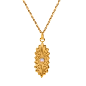 Collana vintage in acciaio dorato con ciondolo a sole e intarsio in opale iridescente