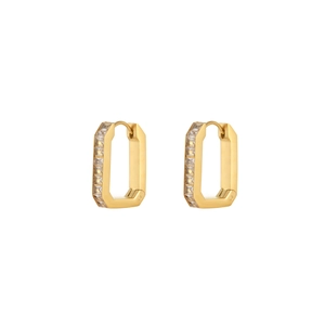 Minimalist gold rectangular hoop earrings with vertically set clear cubic zirconia stones