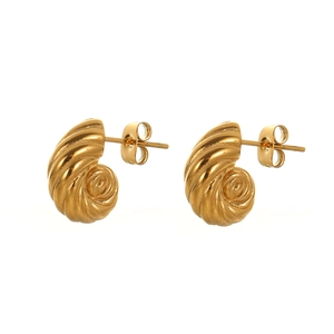 Polished 18k gold plated stainless steel spiral conch shell stud earrings on white background