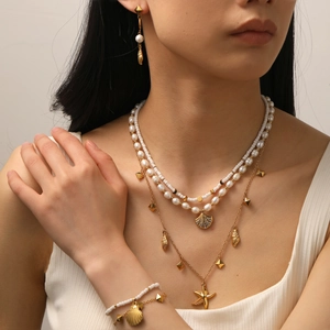 Parure bijoux en acier inoxydable avec perles et coquillages, boucles d'oreilles et collier
