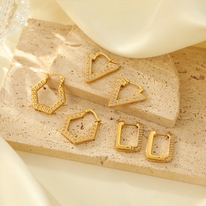 Geometric Hoop Earrings Stainless Steel Gold Plated Cubic Zirconia Hexagon Rectangle V Shape Trendy Minimalist Jewelry For Women