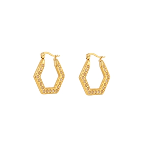 Golden hexagonal geometric hoop earrings with sparkling zircon crystals on white background