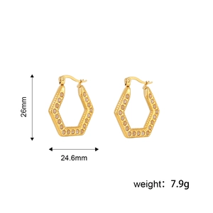 Golden hexagonal hoop earrings with cubic zirconia inlay, measuring 26mm by 24.6mm