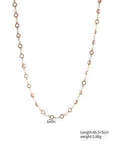 Detailed specs of pink glass stone necklace with 6mm bezel setting and 46.5cm chain length