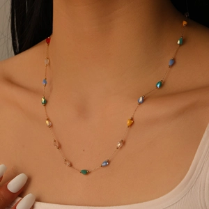 Stainless Steel Necklace With Colorful Faceted Crystal Beads Gold Plated Ethnic Style Exotic Jewelry For Women