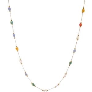 Golden necklace with multicolored faceted triangular beads in a minimalist U-shape layout