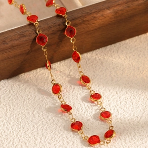 Round Bezel Set Glass Crystal Station Necklace Gold Plated Stainless Steel Chain For Women Commuter Vintage Style Elegant