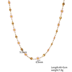 Collier doré en acier inoxydable avec marguerites roses et cœurs, longueur 46+5cm