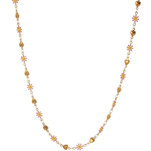 Collier en acier doré avec marguerites en émail rose et pendentifs en forme de cœur