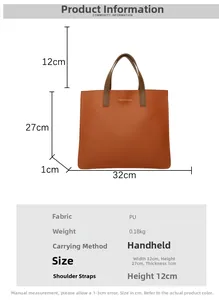 Dimensiones del bolso tote marrón naranja de 32x27x1cm y detalles del logotipo