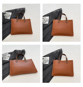 Vistas detalladas de un bolso tote marrón caramelo con textura de cuero de calidad
