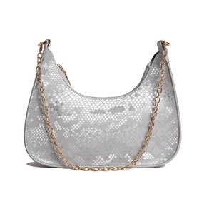 Silver snakeskin texture crescent underarm bag with gold chain and zip closure