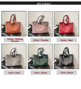Collage of large leather tote bags in six colors including yellow-brown, purple, and green