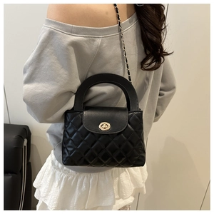 Classic black quilted crossbody bag with gold chain strap shown on a female model