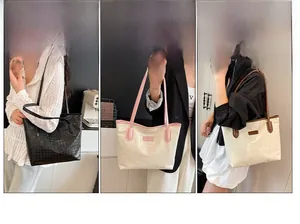 Three-grid layout showing chic houndstooth tote bags in black and cream color options