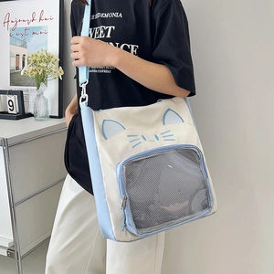 Hellblaue Katzen-Canvas-Umhängetasche mit transparentem Sichtfenster für kleine Accessoires
