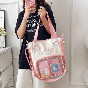 Rosa-weiße Leinwandtasche mit Katzenohren, transparentem Fach und Stickerei für Damen
