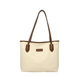Classic houndstooth tote bag in cream white with brown leather straps for commuting