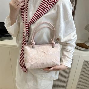 Pink lace shoulder bag with butterfly embroidery and stylish top handle for women