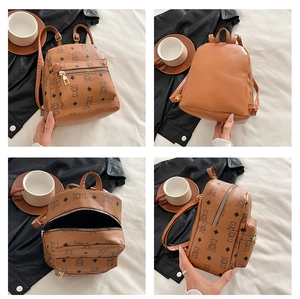 Vier-Winkel-Ansicht eines braunen Mini-Rucksacks mit Bärenmuster und Metallreißverschluss