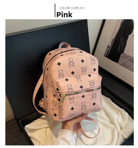 Detailansicht eines rosa Mini-Rucksacks mit Bärenmuster und goldenen Metallreißverschlüssen