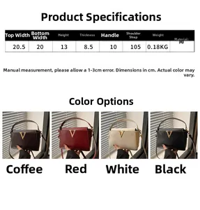 Detailed size specifications and color comparison of the metal V-accented crossbody bag