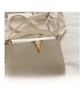 Detailed shot of cream leather handbag with gold V-clasp and elegant structured flap