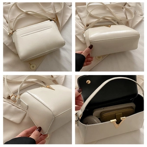 Detailed views of white crossbody bag showing interior space and golden V-shaped buckle