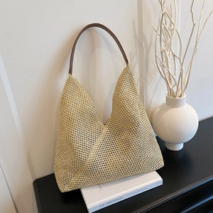 Women Straw Woven Tote Bag Summer Beach Vacation Shoulder Bag With PU Leather Handle Large Capacity Hollow Handbag