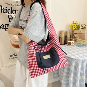 Large red and white plaid denim tote bag with drawstring and front pocket for women