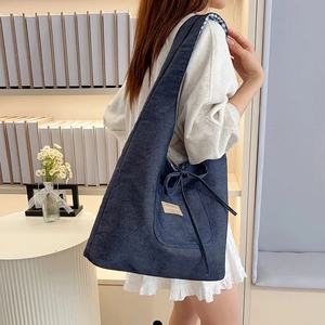Large capacity dark blue denim tote bag with plaid lining and fashion leather tag