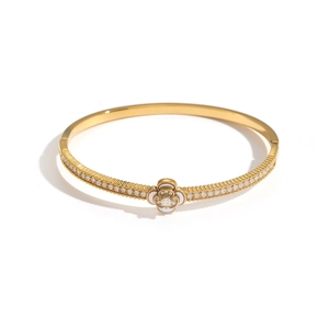 Elegant gold flower bracelet with double-row crystals and white camellia motif