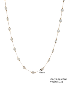 Detailed specs of gold necklace with 6mm white heart beads, length 45.5+5cm, weight 5.22g
