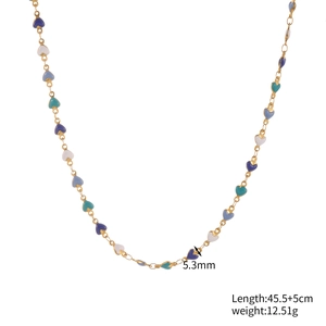Detail view of gold chain necklace with colorful heart enamel charms and size specifications