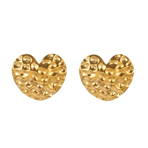 Gold hammered heart stud earrings for women with textured metal finish on white background