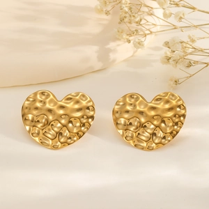 Vintage golden stainless steel heart button earrings with hammered texture for women