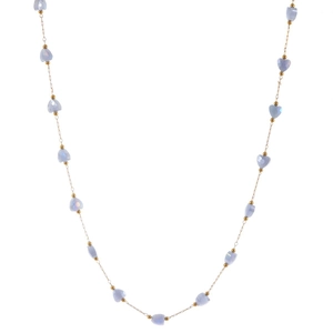 Elegant gold necklace with light blue heart-shaped crystal beads and golden spacers