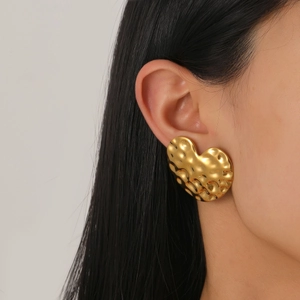 Heart Stud Earrings Hammered Stainless Steel Gold Plated Vintage Button Style Elegant Fashion Jewelry For Women Gift