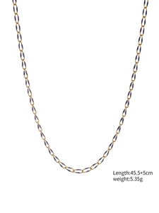 Detail of gold link chain with dark blue oval charms and 45.5cm length dimensions