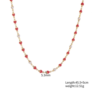 Gold chain necklace with red and white enamel heart charms, 45.5cm length with 5cm extender