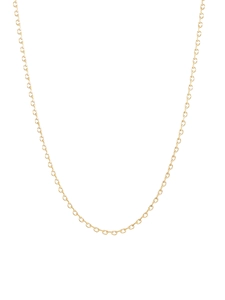 Detailed close-up of a minimalist golden stainless steel oval link chain necklace