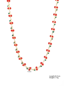 304 stainless steel cherry pendant necklace with red enamel and gold chain detail