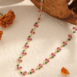 304 stainless steel chain necklace with pink cherry charms and green leaves