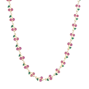 Golden 304 stainless steel chain necklace with sparkling pink cherry and green leaf links