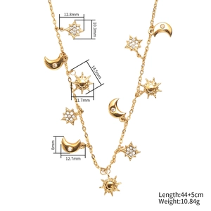 Collier en acier inoxydable doré avec pendentifs soleil lune étoile et zircons